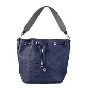 Pre-owned MCM Leather Shoulder Bags Navy Visetos Drawstring Bucket Shoulder Bag IB26020467