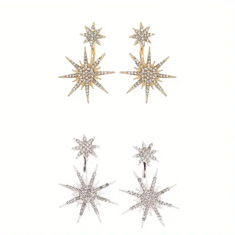 2pairs sparkling hexagonal star-designed earrings, in a Bohemian luxury style, enhance the temperament for daily outings