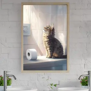 Cute Cat Bathroom Wall Art, Adorable Kitty Sitting Near Toilet Roll, Cat Lovers Gift, Funny Cat Art Print, Cat Decor Poster, Unframed