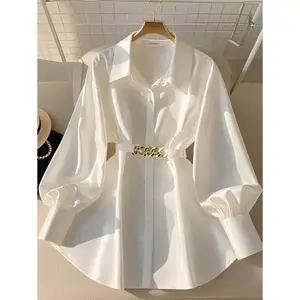 Women's front button long sleeved metal decorative casual shirt collar top women's shirt polyester basic style(Sheet)