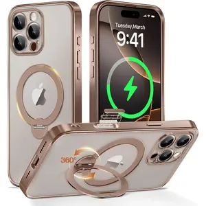 GolbinBox for iPhone 16 Pro Case with 360° Spin Magnetic Stand,[Compatible with Magsafe] [Military Protection][Built-in Ring Holder] Camera Control Phone Case for 16 Pro,Desert Titanium/Clear