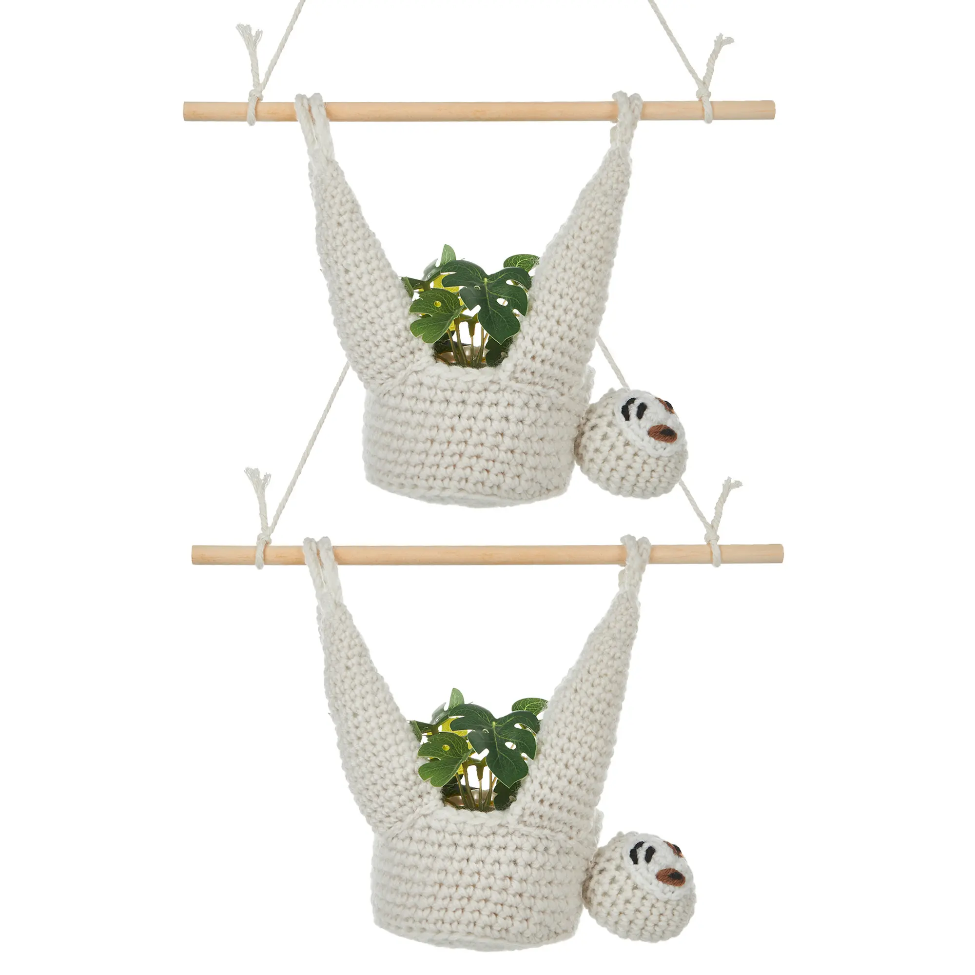 2-Pack Whimsical Aesthetic Crochet Sloth Hanging Planters, Boho Handmade Breathable Fabric Hanging Baskets with Wooden Stick & 2 Industrial-Fiber Ropes, for Indoor Plants & Succulents Home Wall Decor, 2 Industrial_fiber Ropes