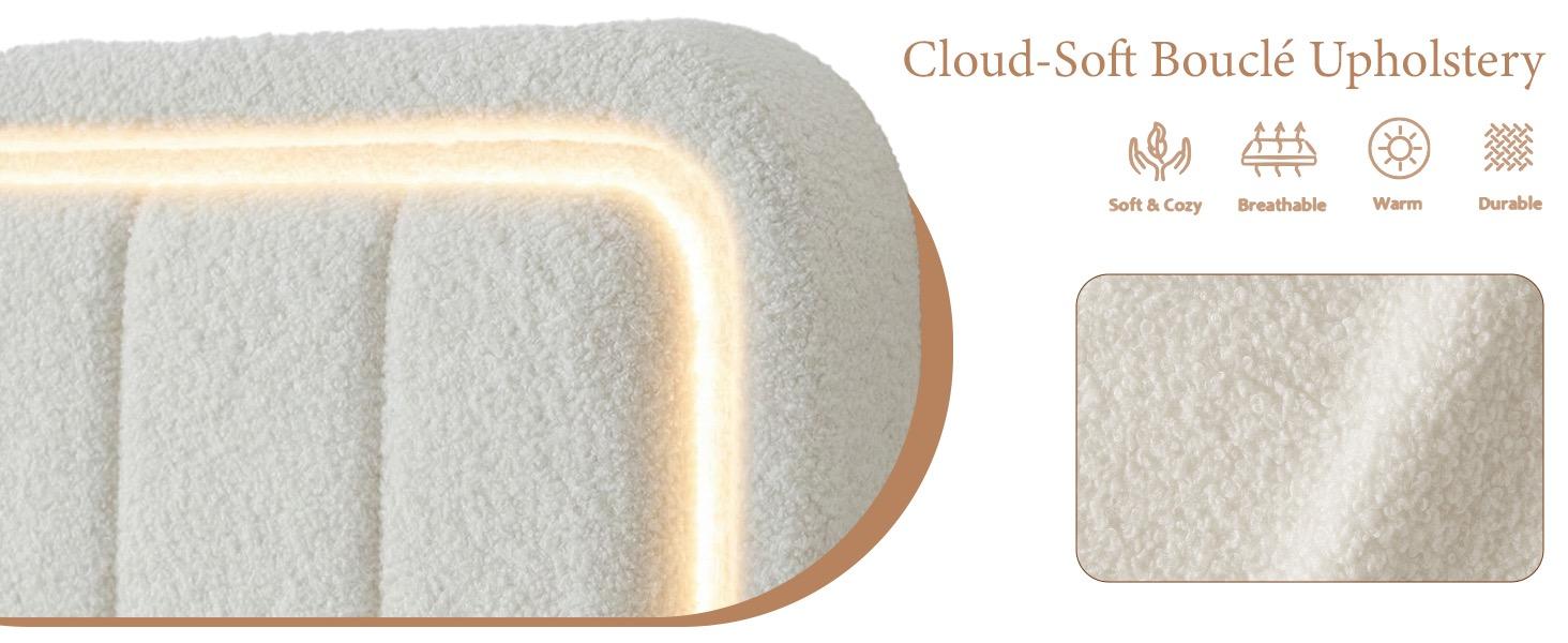 Cloud Bed Frame with LED Light, Boucle Upholstered Bed | Beige, 4 Storage Drawers, Soft Curved Corners, No Box Spring Needed, Easy Assembly, Adjustable Headboard