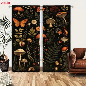 2D Flat Vintage Botanical Curtain 2-Piece Set, Dark Whimsical Mushroom Butterfly Floral Illustration with Snails on Black Background, Warm Earthy Tones Nature Art Style Window Drapes Home Decoration Curtain for Bedroom Living Room Decor