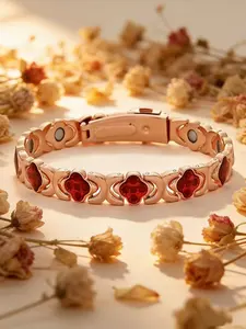 Women's Oil-Drop Magnetic Bracelet, Trendy Jewelry, 3500 Gauss Strong Magnet, Rose Gold Plated Adjustable Buckle, Leaf & Bead Design, Casual Wear Gift