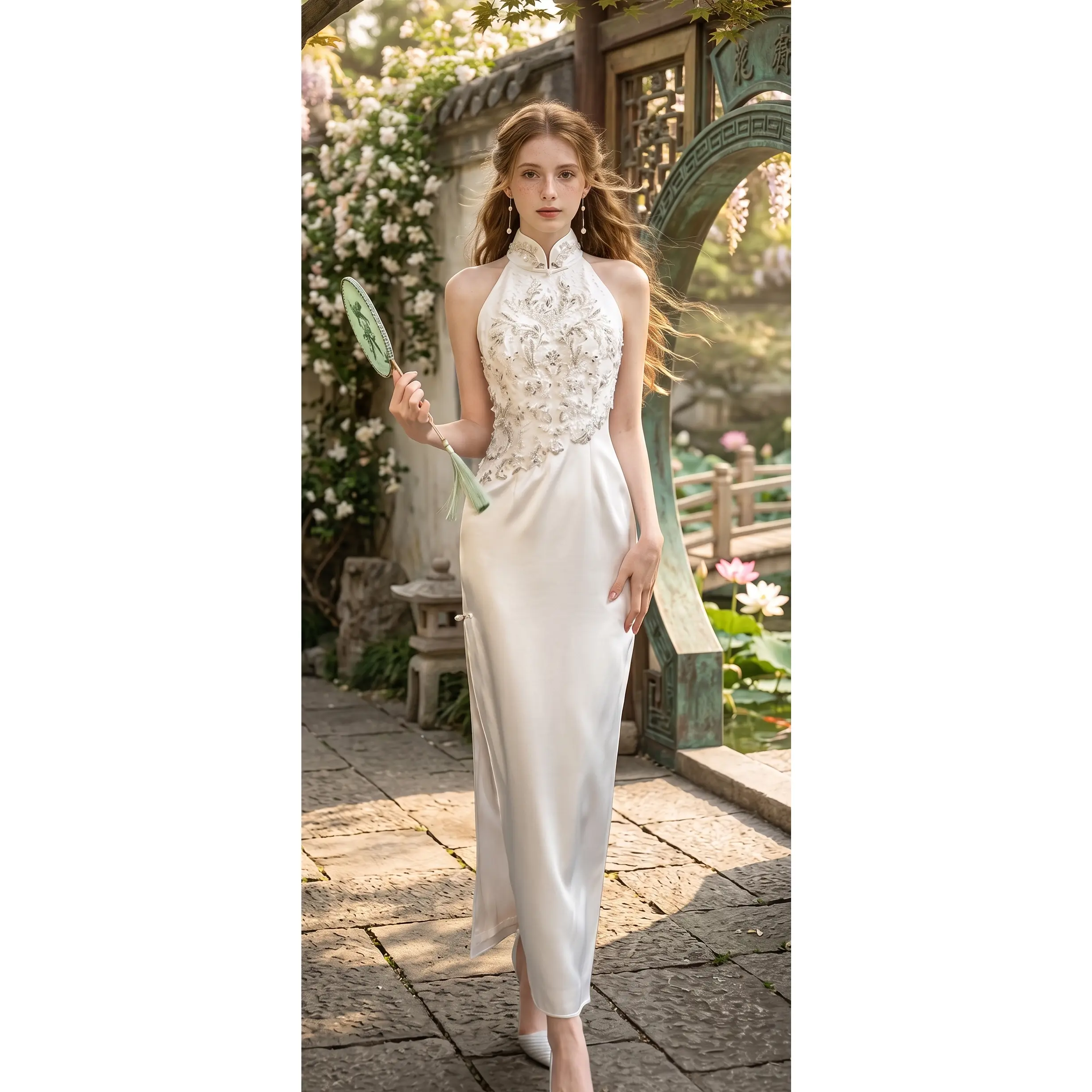 Neo-Oriental Halter Cheongsam | Elegant White Beaded Qipao Dress | Modern Chinese Style Evening Gown