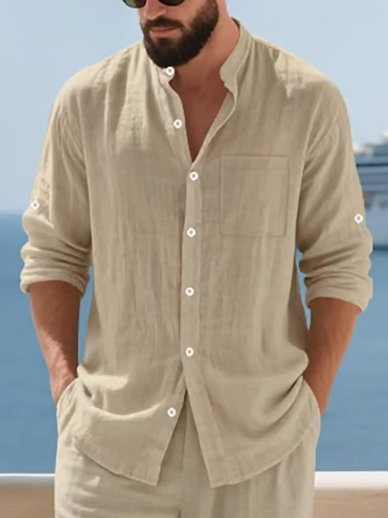 Men's linen button-down shirt, long-sleeved casual Fitted Tropical summer shirt, elegant classic Henry-style solid-color beach shirt, suitable for outdoor wear, simple and fashionable trendy men's clothing, Aesthetic Top
