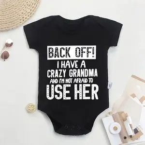 Cute Cotton Baby Bodysuit with "Back Off! I Have a Crazy Grandma" Print, Round Neck, Button Detail, Regular Fit, All Seasons Knitted Fabric Onesie
