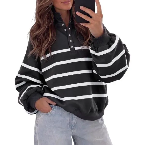 Fisoew Women's Striped Preppy Style Fleece Polo Collar Sweatshirt - Lightweight Soft, Half-Button Henley Neck, Oversized Drop Shoulder, Balloon Long Sleeve, Ribbed Elastic Hem, Modest Casual Pullover Top (Relaxed Fit),sohochic