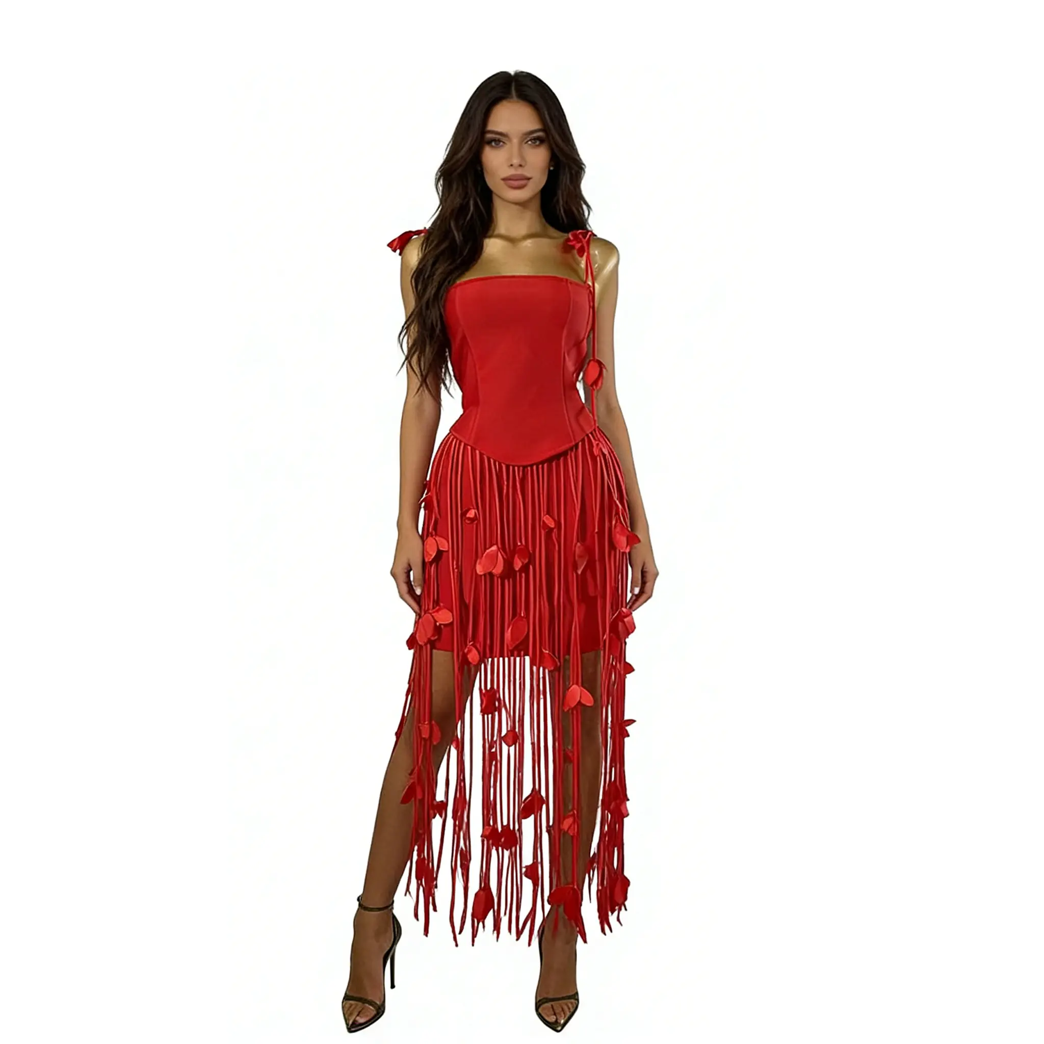Women's Feminine Red Spaghetti Strap Corset Bandage Bodycon Midi Dress - High Stretch Polyester-Nylon, 3D Heart Tassel Fringe, Statement Top, Valentine's Day Date Night Outfit, Birthday