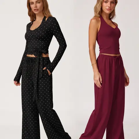 Nvwa Women's 2-Piece Shane Gillis Knitting Athleisure Outfit Set - Summer Ribbed Quick-Dry Breathable Fitted Gym Set with V-Neck Strappy Top, Wide Leg Pants for Lounge, Travel,shane gillis gym outfit,outdoorfun