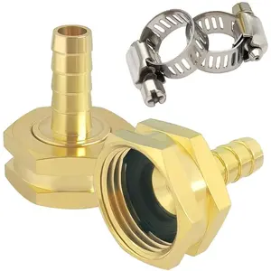3/8" Barb x 3/4" GHT Female Garden Hose Swivel Adapter Heavy Duty Brass Hose Connectors with Stainless Clamps for Watering System Outdoor Faucet, 2 Pack
