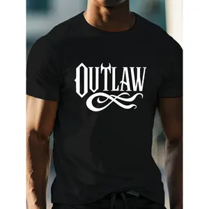 Men'S Summer T-Shirt in Plus Sizes Featuring a Monochrome OUTLAW Graphic Print, Short Sleeves, Trendy Casual Wear for Everyday Use, Designed for Big And Tall Individuals.