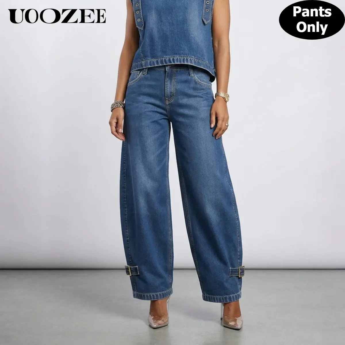 UOOZEE Women's Retro High-Waisted Barrel Leg Non-Stretch Denim Jeans - Pocket Detail, Buckle Hem, Polyester Fabric for Streetwear, Workwear, Everyday Wear with Camisole & Blazer Pairing Options, Silk