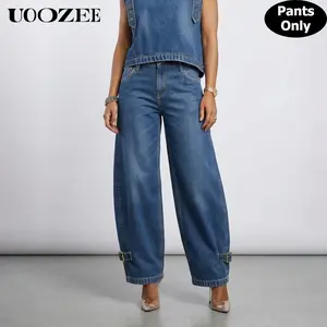 UOOZEE Women's High-Waisted Denim Jeans - Spring-Summer American Retro Non-Stretch Blue Curved Wide-Leg Clothes with Functional Pockets, Buckles, Cotton-Polyester-Silk Fabric, Blazer-Matchable Street Style for Smart Casual, Workwear (Only Pants)