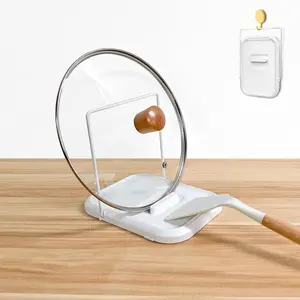 Pot Lid Organizer with Spoon Rest, Foldable Stove Top Lid Holder & Heat-Resistant Utensil Rack, Non-Slip Kitchen Counter Space Saver for Pots Pans Spatula, White ABS