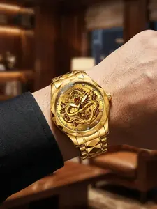 Gold Dragon Pattern Quartz Watch, Precision Mechanical Movement, Durable Alloy Case, Ideal for Business and Outdoor Use, Men's Luxury Timepiece