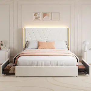 Upholstered Led Bed Frame With 4 Storage Drawers-Queen