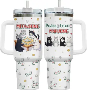 Mahjong Cat Tumbler 40oz Stainless Steel Insulated Travel Mug with Handle and Straw Lid Birthday Gift Meowjong Cat Lover Mahjong Player Cup