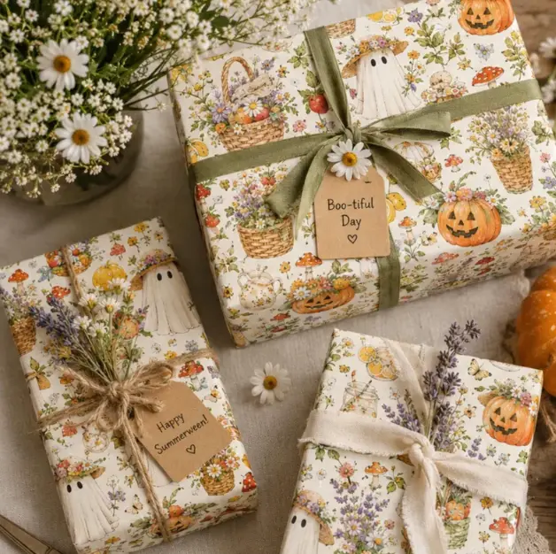 Cottagecore Summerween wrapping paper, Summer birthday gift wrap, halloween wrapping paper