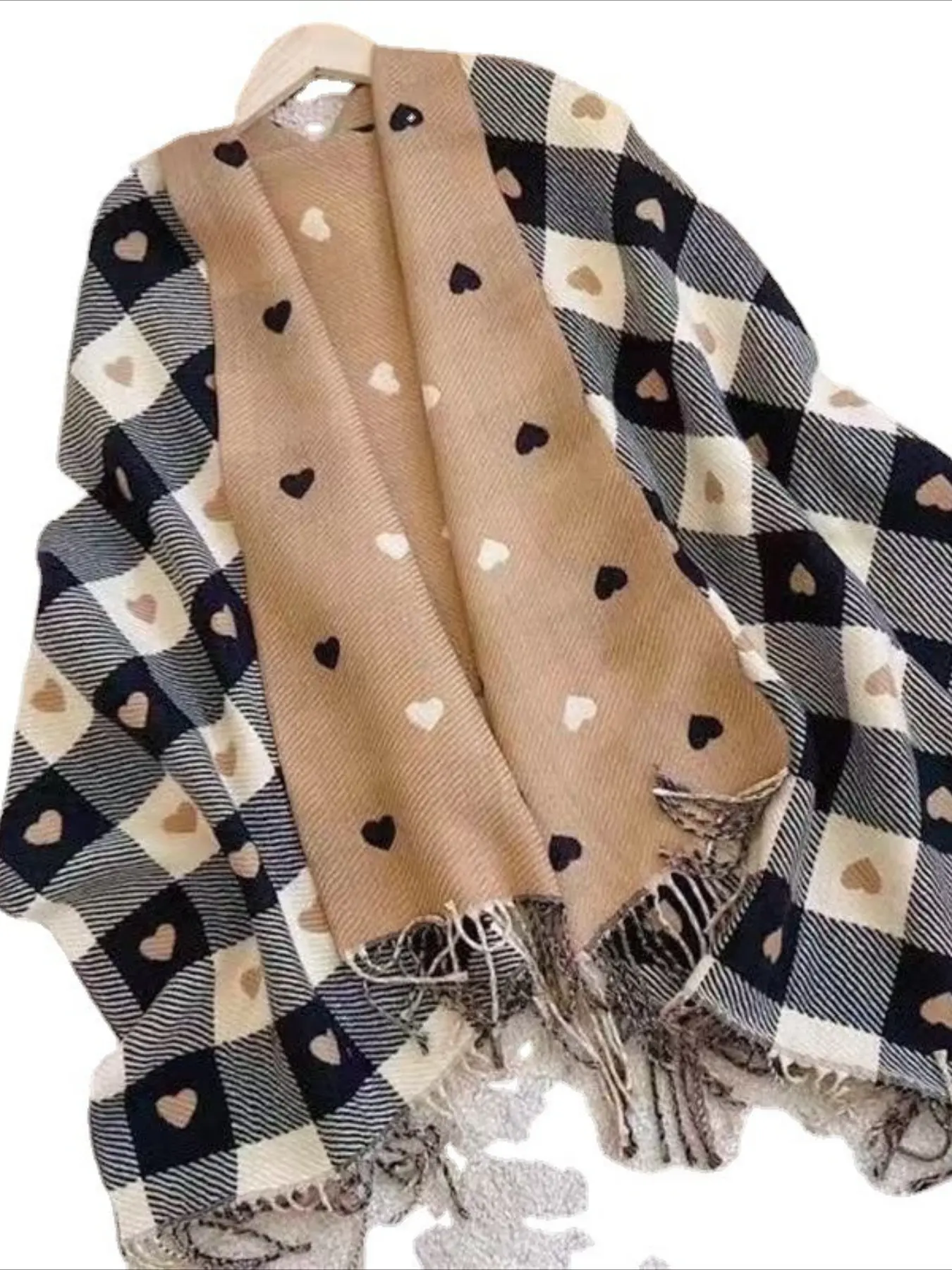 Autumn and winter women's double-sided love plaid Boho Style Scarf Korean tassel warm shawl versatile thickened scarf