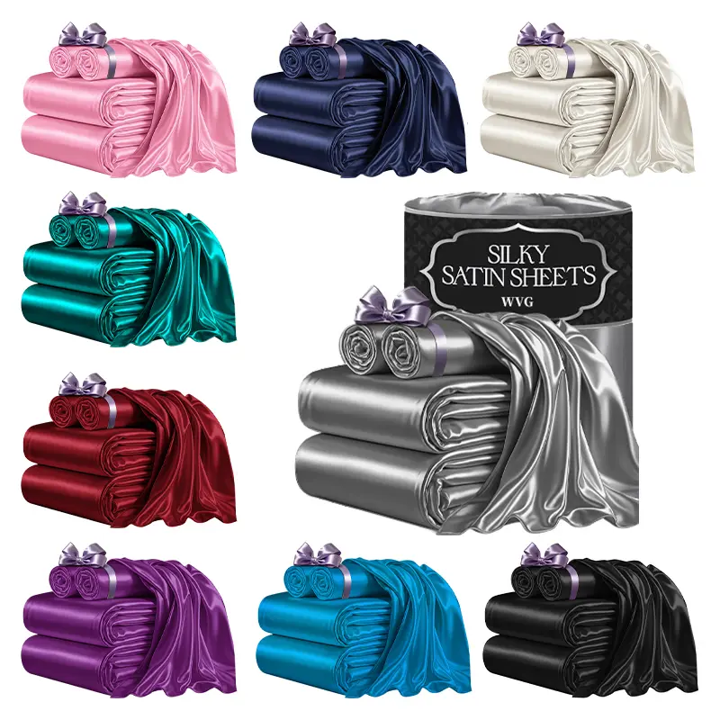 WVG Satin Bedding Set 3 Pcs Bed Set Soft & Comfortable Hotel Luxury Sheets Solid Color Wrinkle Free & Fade Resistant Bed Sheets for Home Bedroom, Dormitory and Hotel Summerwins Queen King Size with Deep Pocket Fitted Sheet Cool for Summer Gift