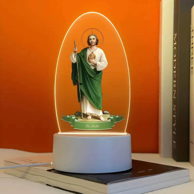 St. Jude Thaddeus Acrylic LED Night Light, USB-Powered Christian Prayer Lamp with On/Off Switch, Warm White Tabletop Decor