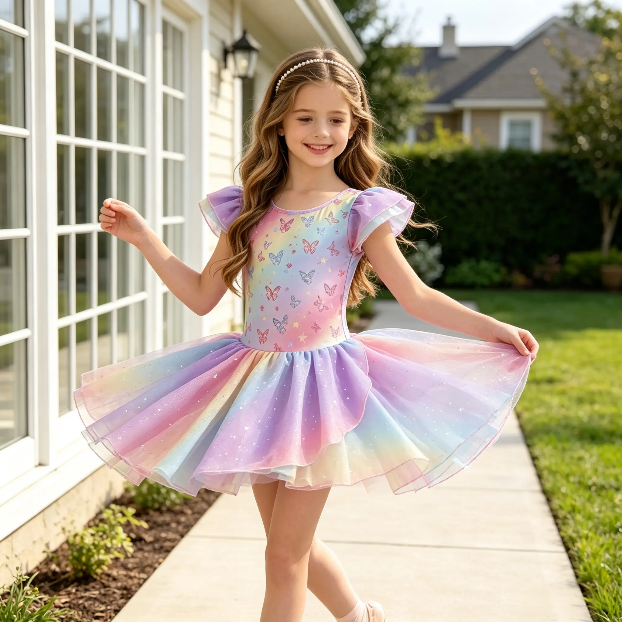 Girls' Rainbow Butterfly Print Ballet Leotard Dress - Ruffle Flutter Sleeve, Sparkle Tulle Tutu Skirt, Soft Stretchy 1-Piece Dance Outfit for Ballet Class, Recital, Birthday Party