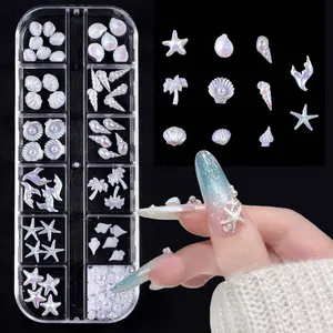 12 Grids Ocean Style Theme Nail Art Decorations, Shell Seashell Conch Star Coconut Tree Pearl Summer Nail Accessories, DIY Nail Supplies for Women and Girls