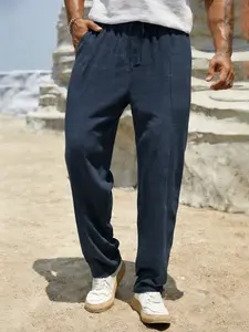 Men's Casual Linen Pants, Casual Fashion Trousers, Relaxed Fit with Drawstring Waist, 95% Linen, 5% Polyester, Breathable & Stylish for Indoor Gatherings, Outdoor Activities, Casual Beach Pants, All-Season Wear, Beige Color, Minimalist Design