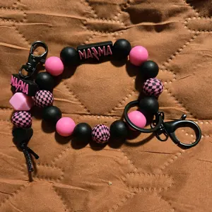 Silicone beaded hot pink and black mama keychain