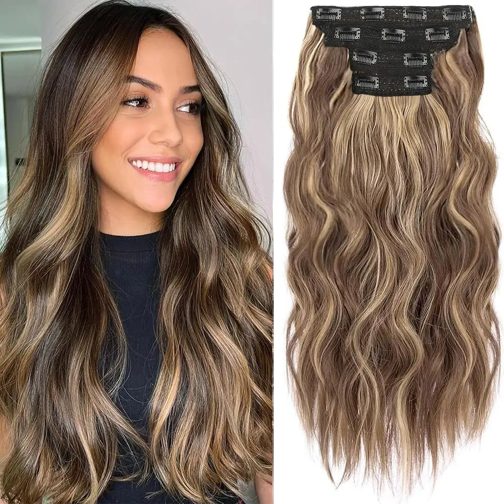 4Pcs Hair Extensions Clip Ins Clip In Hair Extensions Honey Blonde Mixed Light Brown 20 Inch Long Wavy Synthetic Hair Extensions Double Weft Hair Extension (4Pcs,20Inch,22H10 # )