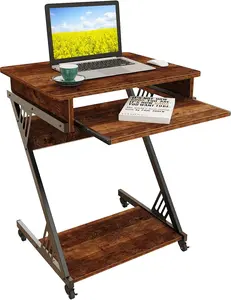 NEWSENDY  Computer Desk for Small Spaces,23.6" Z-Shaped Compact Study Table with Smooth Keyboard Tray,with Wheels and Bottom Shelves for Home Office，Computer Cart Mobile Laptop Cart Adjustable Student Desk Corner Desks