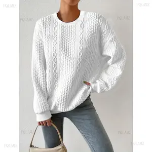 Women's 2026 Casual Textured Round Neck Knitting Sweater - Loose Longsleeves Raglan, Medium Elastic Polyester Spandex Fabric, Machine Washable All-Season Style Women's Clothes Solid Tops