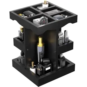 Black Mens Perfume Organizer, Rotating Cologne Organizer for Men, 3 Tier Large Capacity Wooden Cologne Stand for Men Husband Countertop