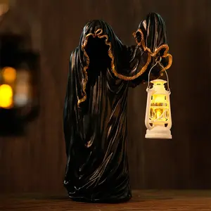 Resin Gothic Wizard Home Desk Decor – Dark Mysterious Hell Messenger with Lantern Statue, Spooky Home Ornament for Altar, Shelf, Haunted House, Outdoor Garden Gift