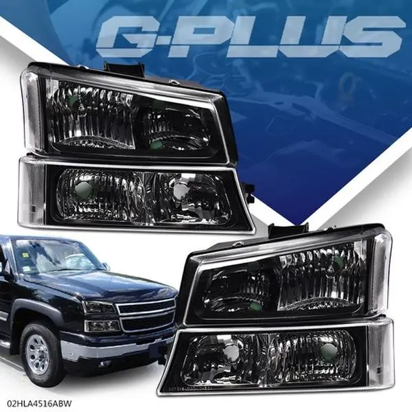 G-PLUS Headlight Kit for 2003-2006 Silverado, Black Headlights, Transparent Reflector Signal Bumper Lamps