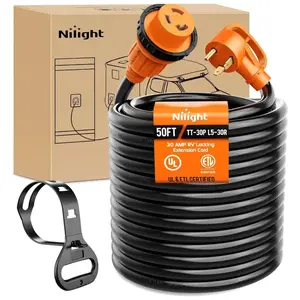 Nilight 30 Amp 50FT RV Locking Extension Cord 125V Heavy Duty 10 Gauge Pure Copper STW Wire ETL Listed 3 Prong TT-30P L5-30R 30F/30M Weatherproof Suit for Camper Trailer