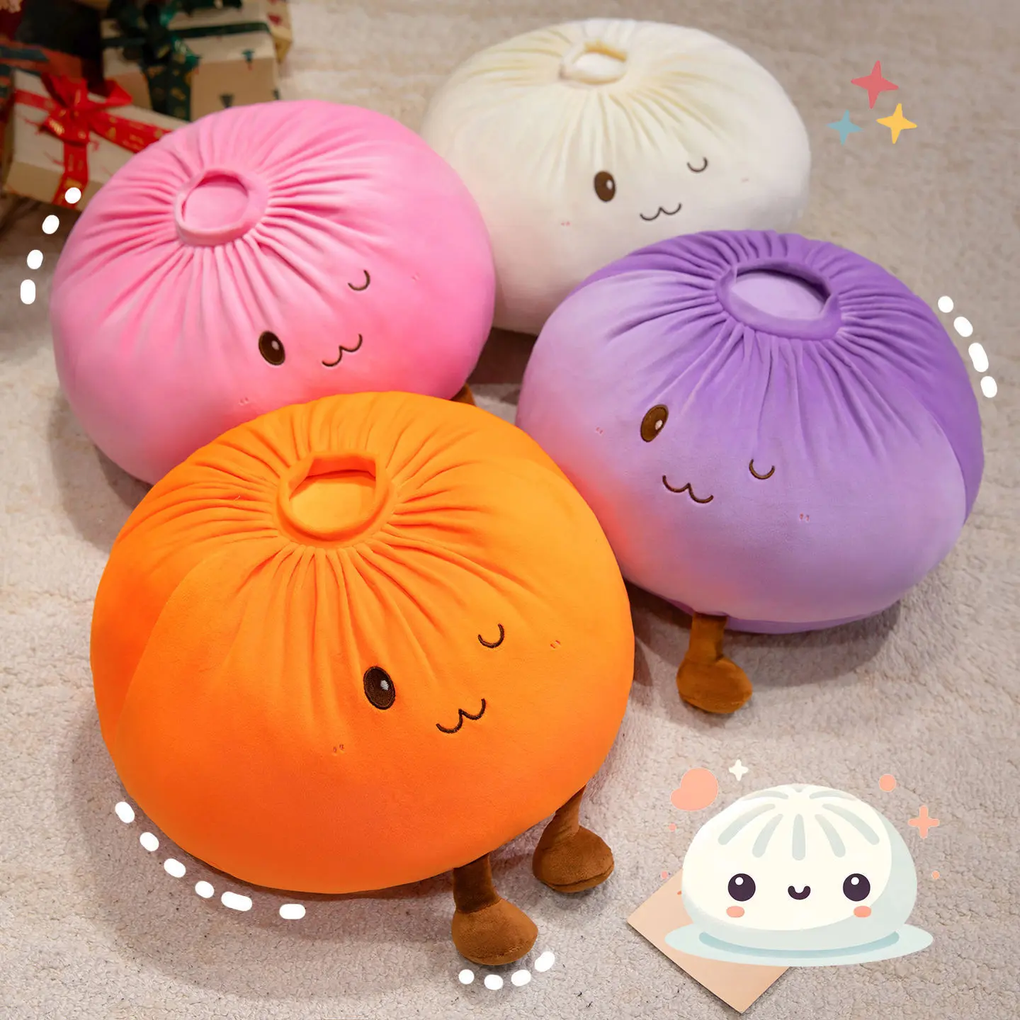 Cute Bun Plush Throw Pillow, Soft Squishy Dumpling Stuffed Toy with Little Legs, Kawaii Round Food Shaped Decorative Cushion, Comfort Fluffy Plushie Gift for Kids Teens Adults Bedroom Sofa Decor