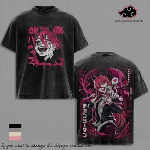 Power Chainsaw Man Anime T-Shirt Vintage Acid Wash Oversized Graphic Tee Streetwear Devil Hunter Gift