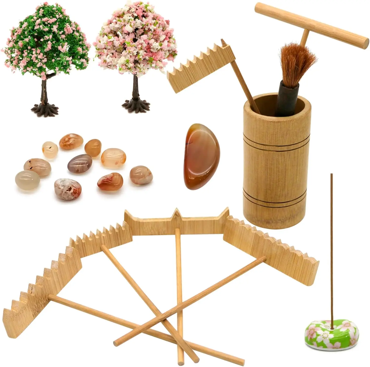 Zen Garden Rake Accessories - Miniature Tabletop Zen Garden Kits Tools w/Bamboo Rakes Holder Japanese Meditation Rock Sand Garden Kits Set for Birthday Zen Gifts Zen Room Decor