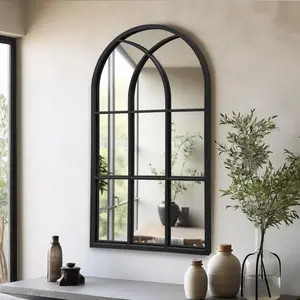 Arched Window Wall Mirror, 42"x24", Decorative Mirror, Vanity Mirrors for Bathroom, Bedroom, Entryway, Living Room, Window Pane or Farmhouse Mirrors for Wall Decor, Metal Frame, Black