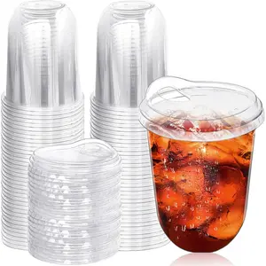50-Pack 16 oz Disposable Clear PET Crystal Plastic Cups with Strawless Sip Lids, Round Bottom To-Go Cups for Camping Iced Coffee Cold Beverages