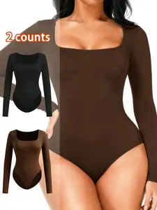 2 Counts Women's Solid Square Neck Long Sleeve Shapewear Bodysuit,Butt Lifting And Tummy Control Jumpsuit，Casual Comfy Shaper for Daily Wear,Slim-fit Cute Teen Girls Clothes Fall Winter Clothes 2025，Slimming Thermal Jumpsuit for Daily Wear/Party