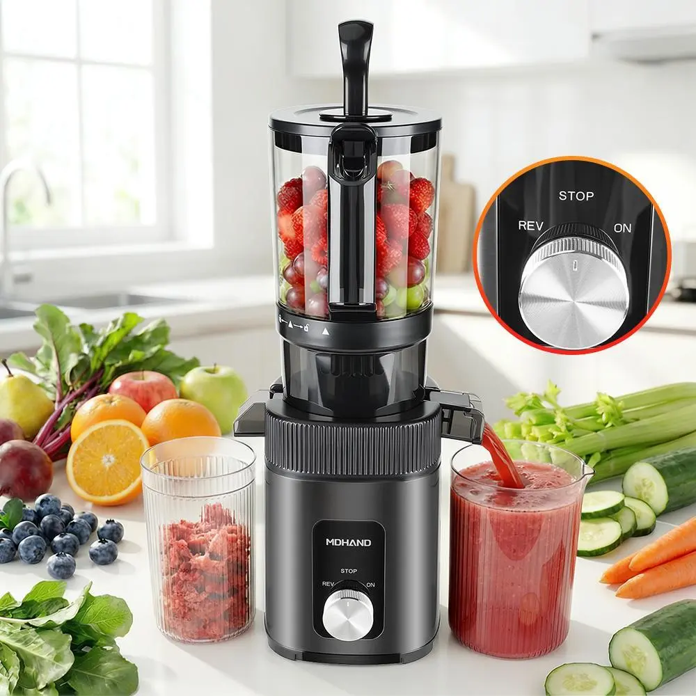 【Summerfinds】Stainless Steel Cold Press Juicer, 4.35-Inch Wide Feed Chute, 60 RPM Slow Masticating Machine with Reverse Function, Quiet Motor, Safety Lock and Easy Cleaning for Fruits & Vegetables