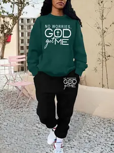Two-Piece Set Women's Letter & Cross Print Sweatshirt & Pocket Sweatpants Sports Sweat Suit, Casual Fitted Long Sleeve Round Neck Pullover & Trousers, Ladies Fall & Winter Sportswear Womenswear