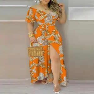 Women's Chic Elegance Casual Cotton Floral Print Belted Wrap Maxi Dress with Thigh Split