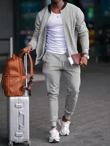 Men's Fall Outfits Solid Color Jacket Pants Set for Daliy Wear, Zipper Front Long Sleeve Jacket, Elastic Waist Drawstring Pants, Casual Wardrobe Essential