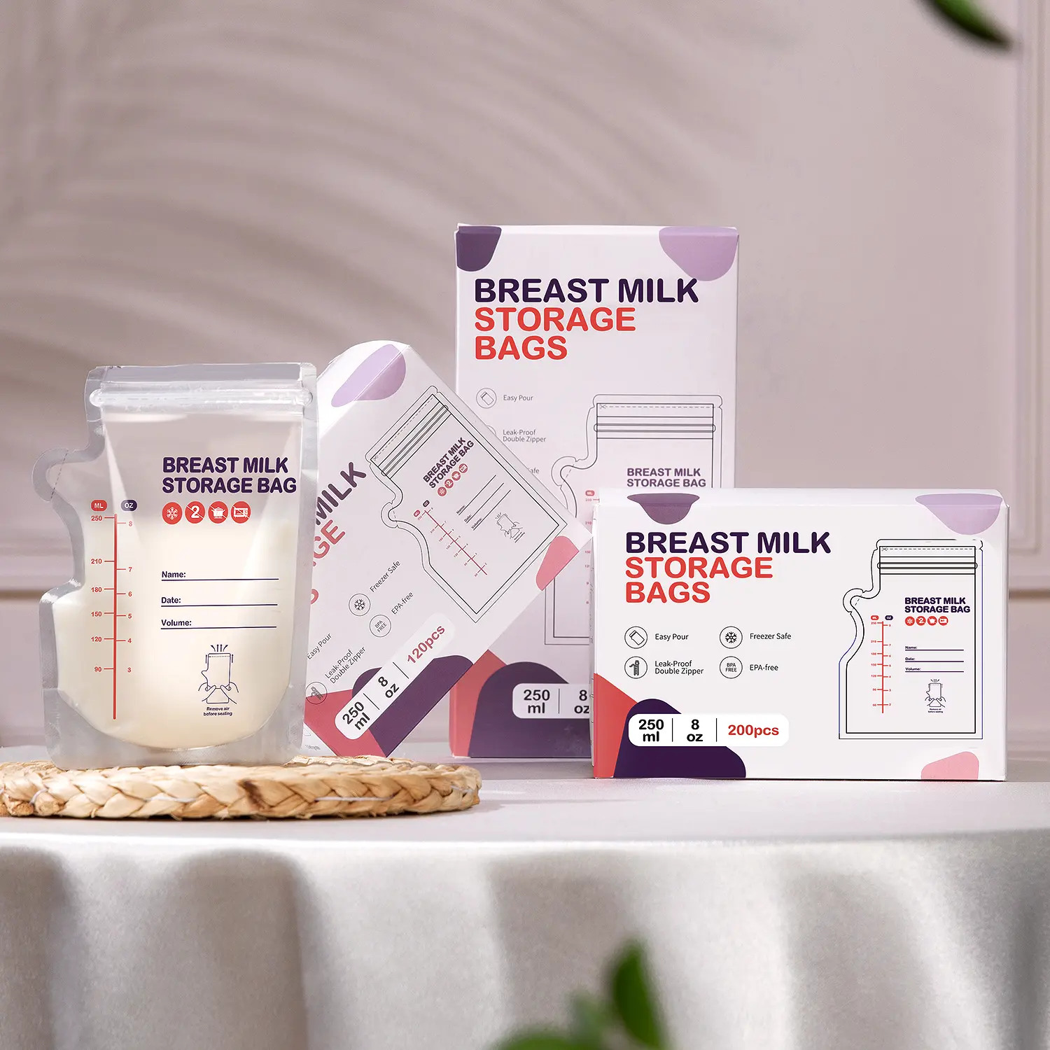 BPA-Free Breast Milk Storage Bags (60 Count, 8 oz) - Self-Standing Breast Milk Containers with Pour Spout, Space-Saving Flat Profile, Convenient for Breastfeeding, Refrigeration & Frozen Storage