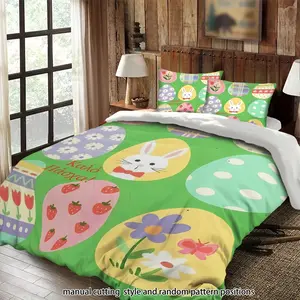 Egg-decorated pattern, rabbit, flower, and strawberry 3-piece comforter set, bedding set, suitable as a gift.